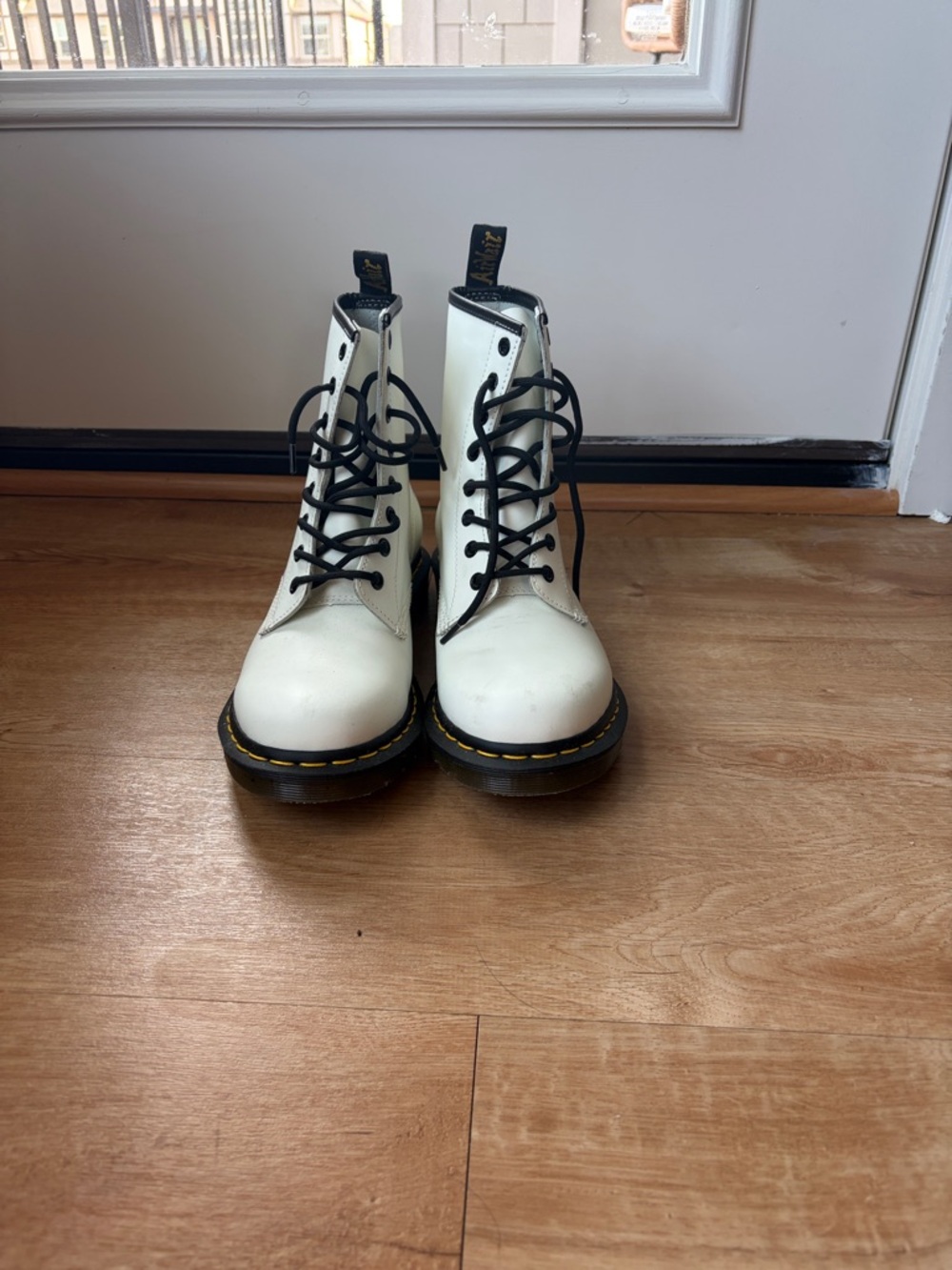 White Doc Martins Lace-Up Combat Boots with Black Laces